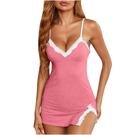 Womens Lingerie Underwear Comfortable Cotten Spaghetti Strap Dress Lace V Neck Sets Nightdress Comfortable Spaghetti Strap Dress Cotton Pajamas Set Rose Red S