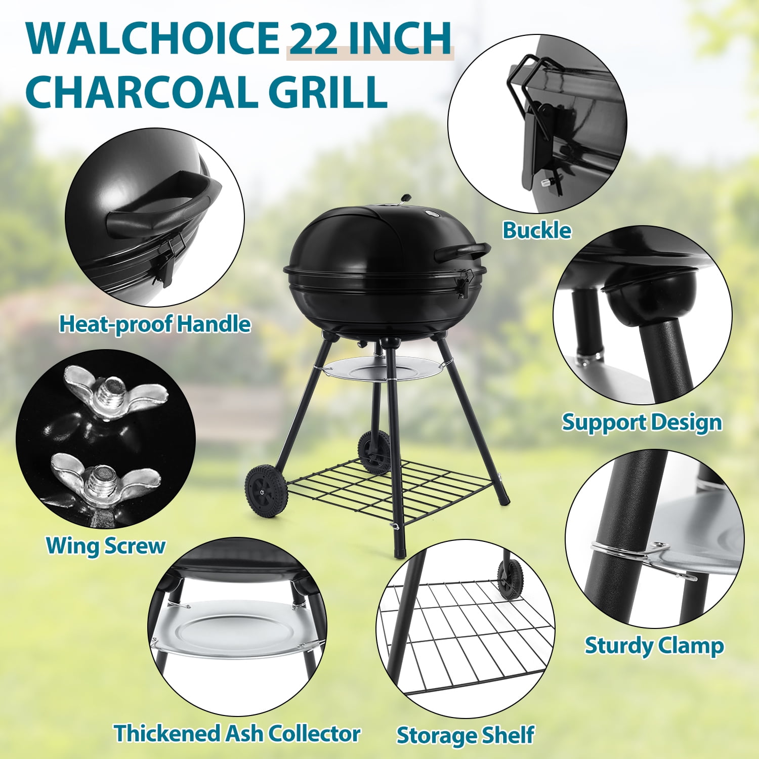 Walchoice 22 inch Charcoal Grill with Wheels & Thermometer, 2 Layer Grilling Racks Heavy Duty Barbecue Grill for Backyard Camping BBQ Cooking, Black Enamel Lid & Bowl
