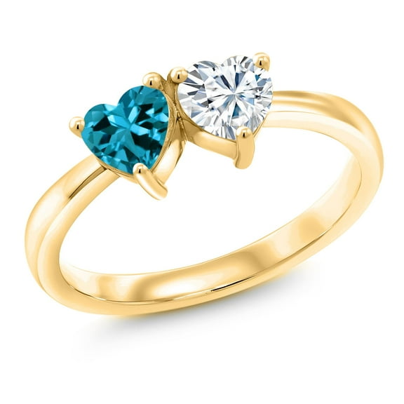Gem Stone King 18K Yellow Gold Plated Silver Fashion Right-Hand Ring Set with Heart Shape London Blue Topaz and Moissanite (1.05 Cttw, Size 8)
