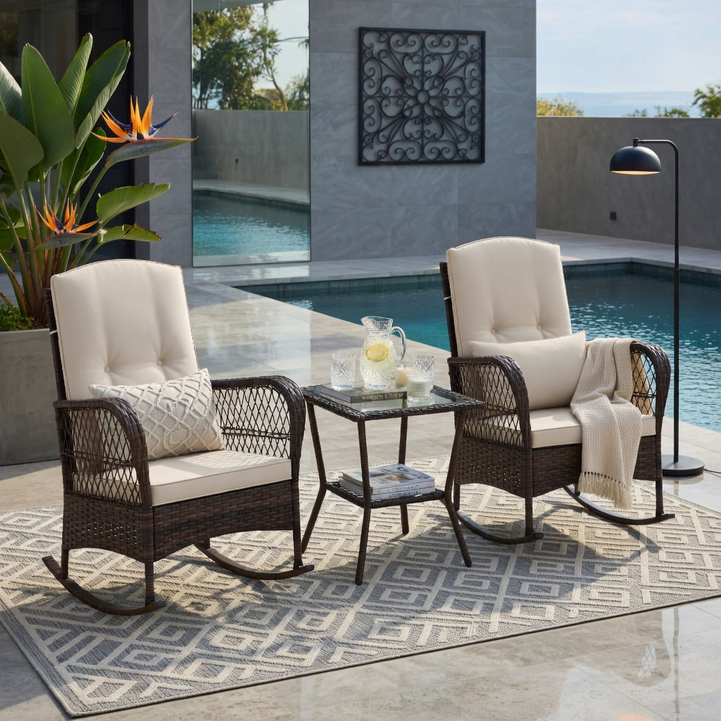 Hommoo 3-Piece Outdoor Rocking Bistro Set with 2-Tier Tempered Glass Coffee Table, PE Rattan, Brown
