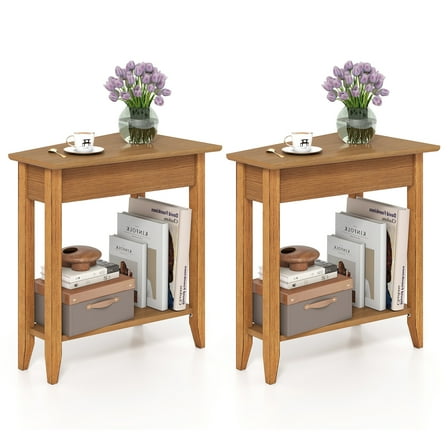 Gymax 2 PCS End Table Irregular Narrow Sofa Side Nightstand w/ Storage Shelf Walnut