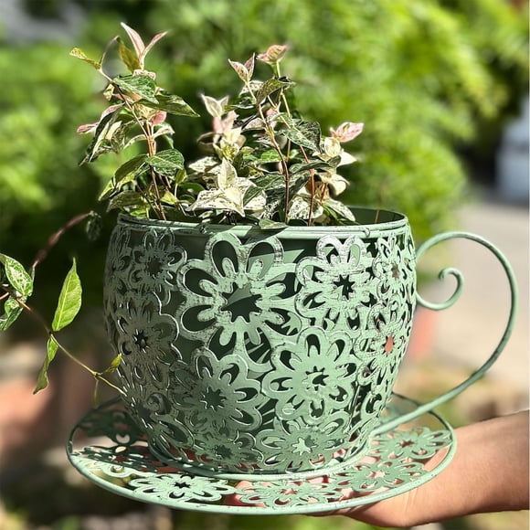 Weloille Coffee Cup Shape Courtyard Hollow Flower Pot, Creative Rustproof Drainage Hole Weather Resistant Planter, Unique Decorative Plant Container, for Garden Patio Lawn Balcony Decor