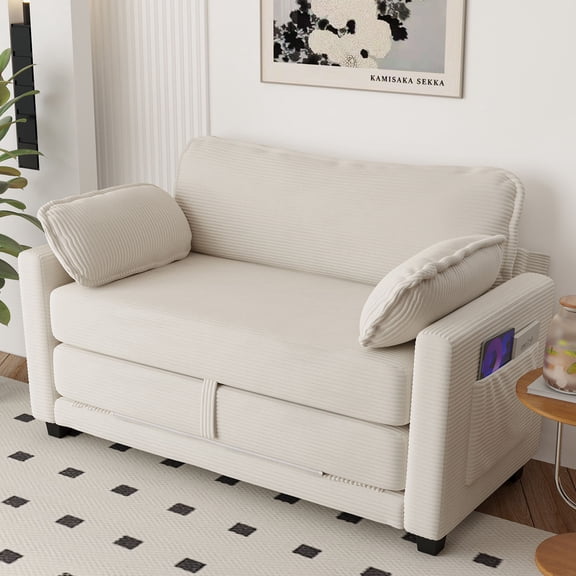 CQSXDA 2-in-1 Convertible Corduroy Sofa Bed, 2-Seater Loveseat with Side Storage for Living Room Use, Beige