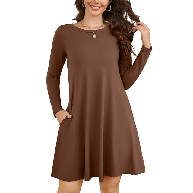 Chiclily Robe Décontractée à Manches Longues pour Femmes Dark Coffee TG Tunique Robe T-Shirt Ample avec Poches
