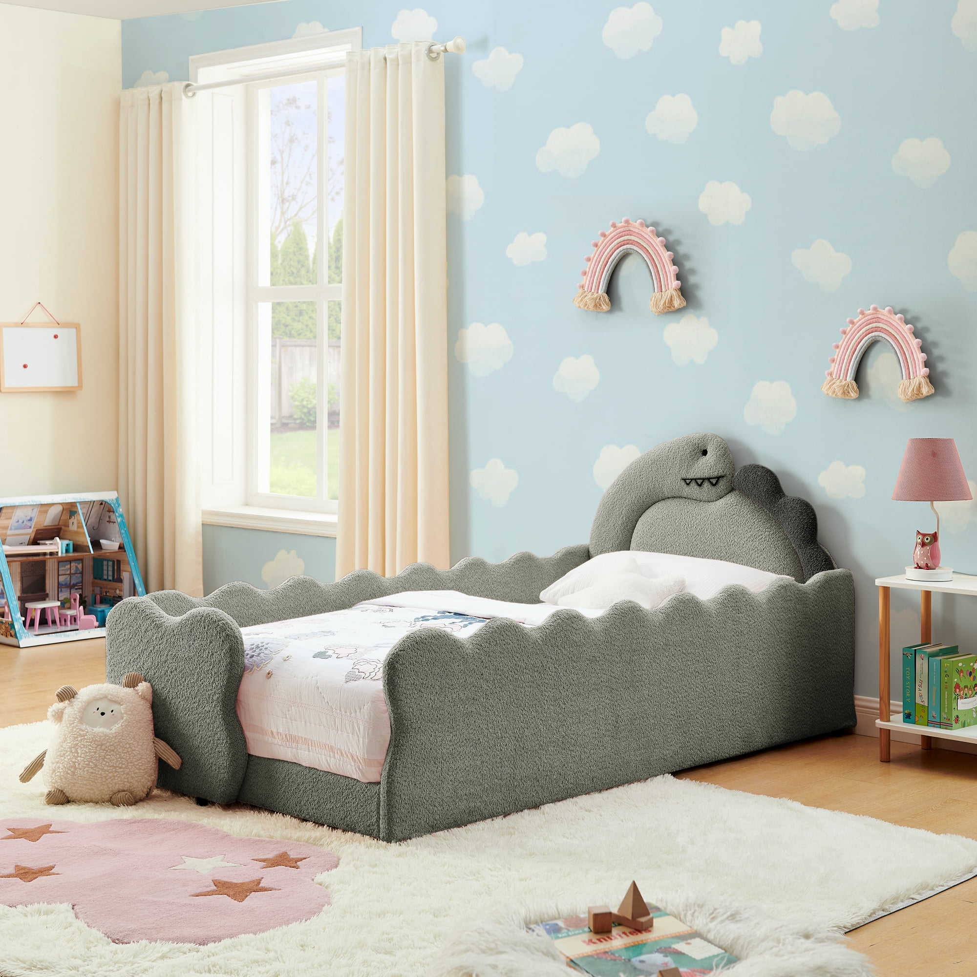T-Joy Cute Dinosaur-Shaped Kids Bed with Safety Guardraild, Boucle Wooden Toddler Bed, Twin Size, Grey