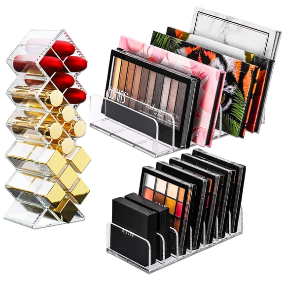 3Pcs Eyeshadow Palette Organizer Set, 2 Acrylic Palette Organizer with 1 Lipstick Holder, 7 Section Makeup Palette Organizer,Clear Palettes Storage Holder for Cosmetics Blush, Bathroom Vanity