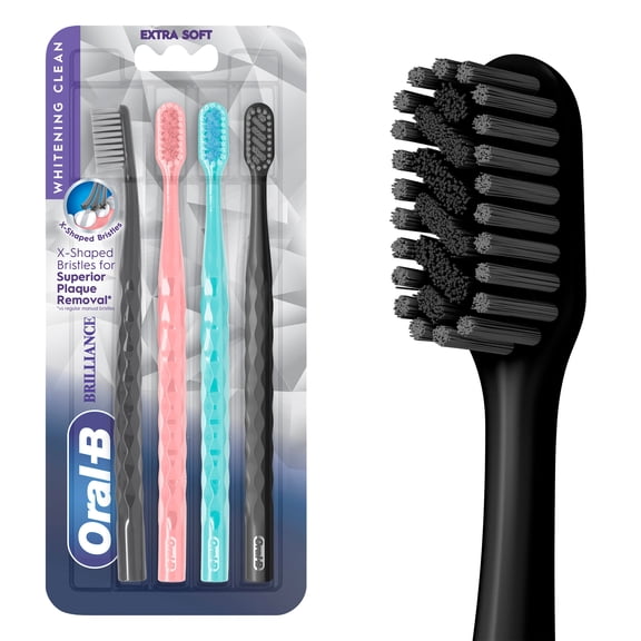 Oral-B Toothbrush Pro Whitening Brilliance, Extra Soft, Black, Coral, and Teal, 4 Count