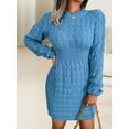thumbnail image 3 of Casual Cable Knit Sweater Dress with Tie-Waist for Female, Autumn Winter Bodycon Tight Long Sleeve Tunic Blue M, 3 of 8