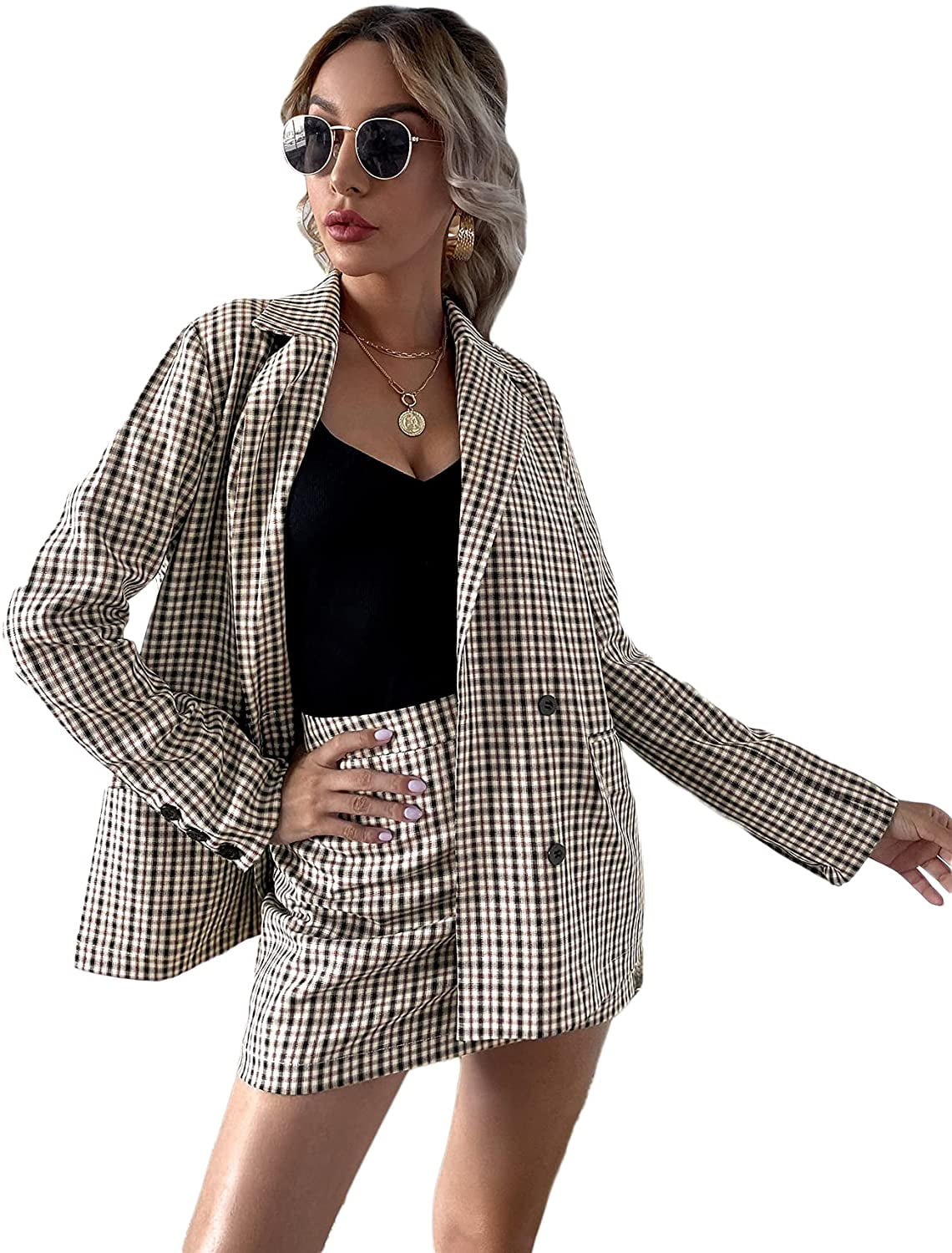 SheIn Women's 2 Piece Plaid Long Sleeve Lapel Collar Blazer and Mini Skirt  Set | Walmart Canada