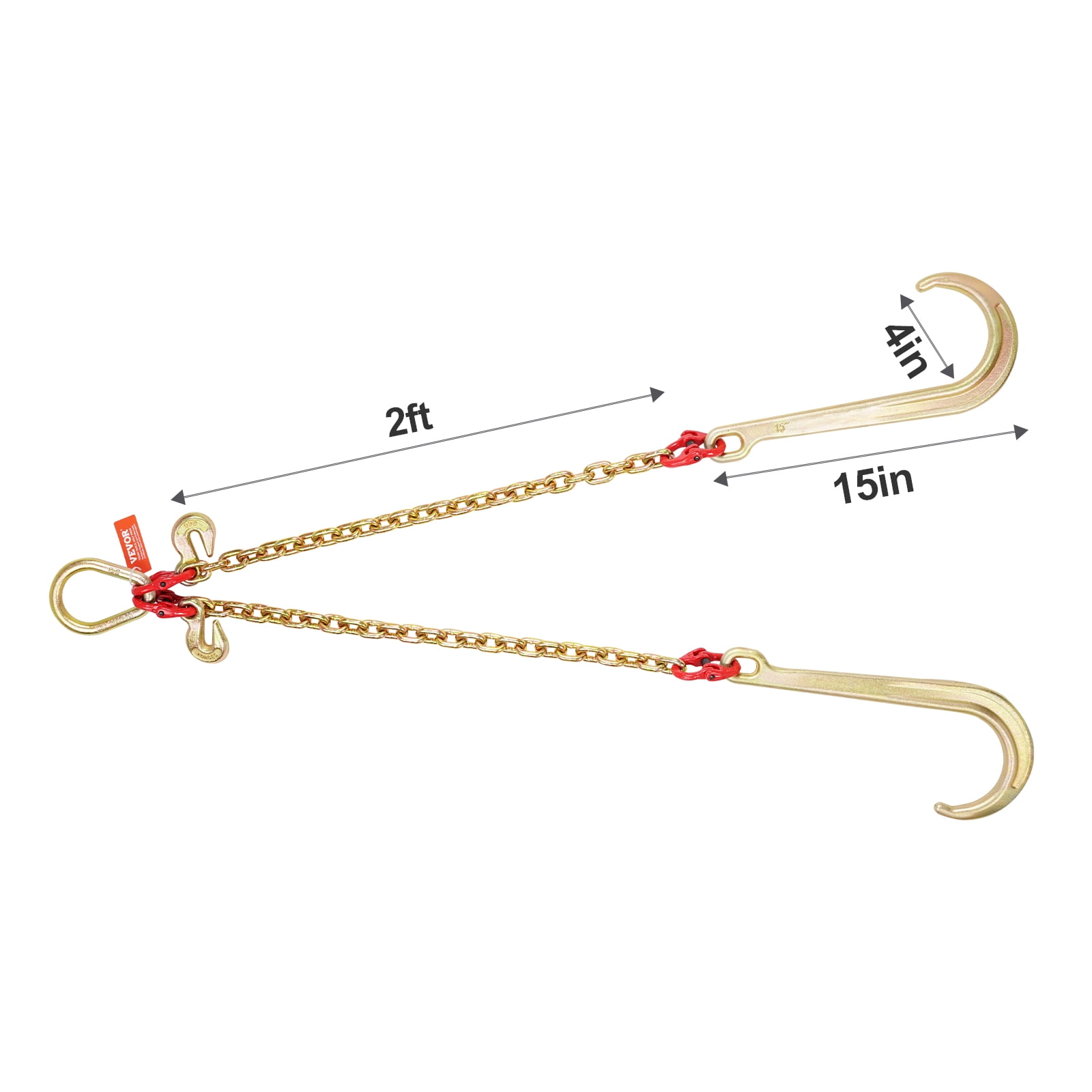 VEVOR G80 V Bridle Chain, 5/16" x 2' Towing Chain Bridle with 15" J Hooks and Grab Hooks, Heavy Duty Transport Tow Chain Bridle with 10800 lbs Safe Working Load for Flatbed Truck Wrecker Recovery