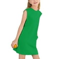 thumbnail image 4 of Fesfesfes Girls'Summer Solid Color Short Sleeve Crew Neck Elastic Waistband Dress with Pockets Casual Comfortable Cotton Blend Dress for Kids(Green,9 Years), 4 of 4