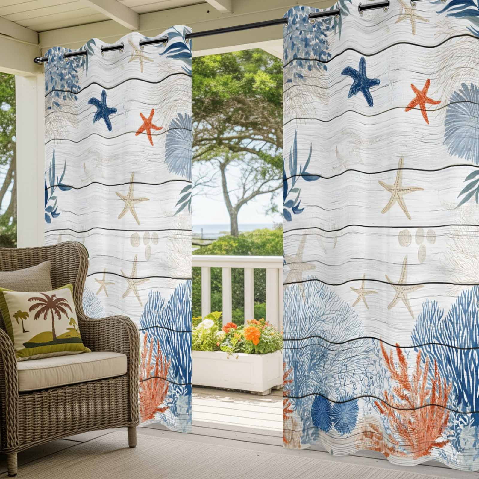 Ocean Corals Outdoor Curtains for Patio, Summer Beach Coral Sea Stars Wood Grain Sunshade Privacy Drapes Grommet Waterproof Outside Curtains for Porch/Cabana/Balcony 54"x 108", 1 Panel