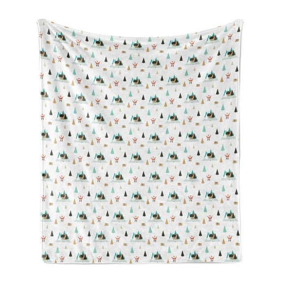 Christmas Soft Flannel Fleece Throw Blanket, Hand Drawn Noel Themed Illustration with Pine Trees and Houses Winter Season, Cozy Plush for Indoor and Outdoor Use, 50" x 60", Multicolor, by Ambesonne