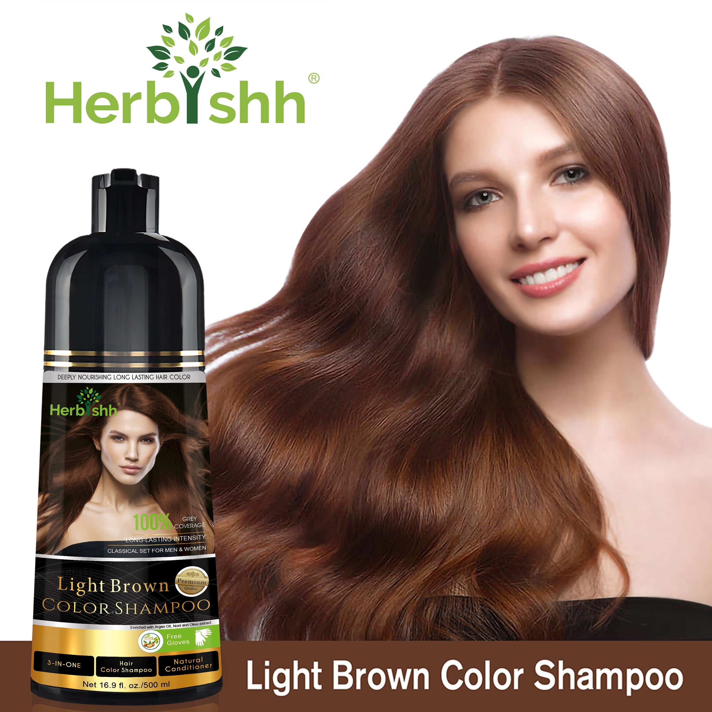 Herbishh Light Brown Hair Dye Shampoo 500ml, Long Lasting Color Shampoo for Grey Hair, 3-in-1 Natural Hair Dye, Ammonia-Free Formula, Hair Color for Women & Men,