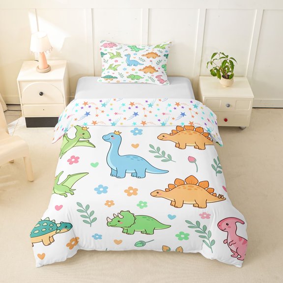 Homewish Cartoon Dino Twin Duvet Cover,Cute Floral Twin Bedding,White,Colorful Stars Reversible,2pcs,1 Duvet Cover and 1 Pillowcase