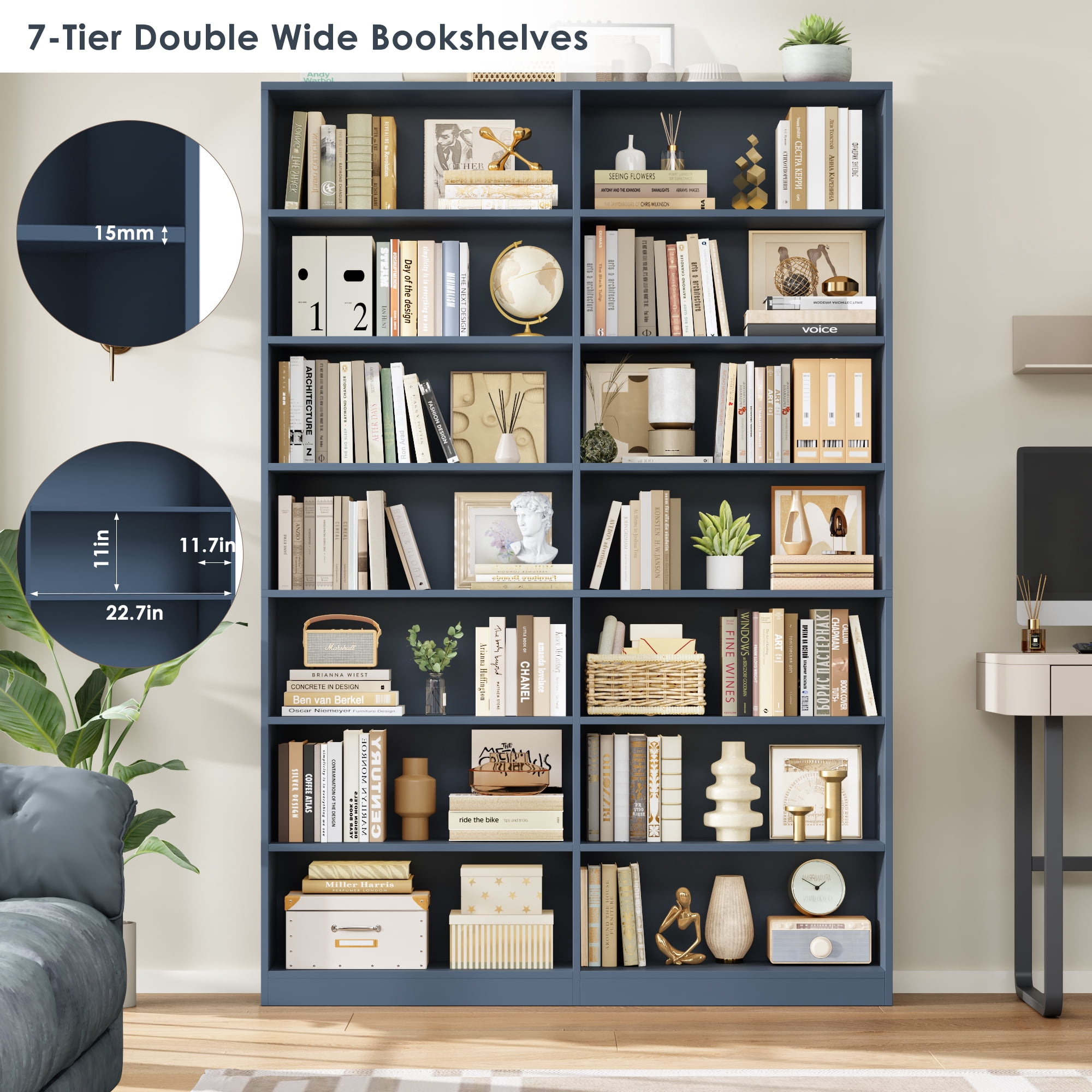 Hiphuta 84" Tall Double Wide 7-Tier Bookcase with 14 Cubes, Large Open Bookcase for Home Office and Living Room, Freestanding Display Book Shelves, Blue