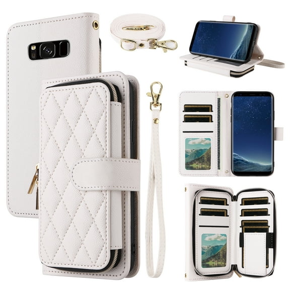 Dswteny Argyle Wallet Case for Samsung Galaxy S8 with Wrist Strap Shoulder Strap,Zipper PU Leather Flip Credit Card Holder Stand Accessories Cell Phone Cover for S 8 8S Edge SM-G950U Girls White
