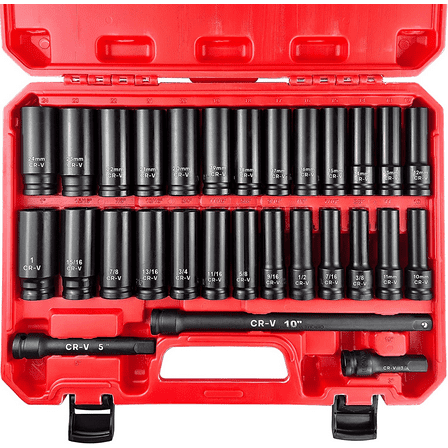 29Pcs 1/2" Socket Set, Drive Deep Impact Socket Set, Including 3 ", 5", 10" Impa