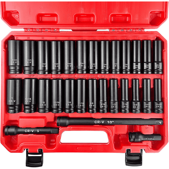 29Pcs 1/2" Socket Set, Drive Deep Impact Socket Set, Including 3 ", 5", 10" Impa