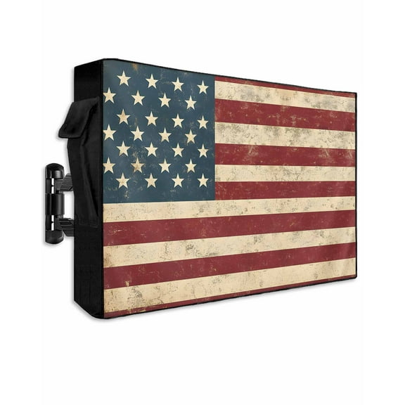 Retro Red Blue American Flag Outdoor TV Cover 48 to 50 Inch Weatherproof, US Flag Vintage Stars 600D Oxford TV Covers with Waterproof Zipper, Outside Flat TV Screen Protector Size 48"W x 30"H x 4.5"D