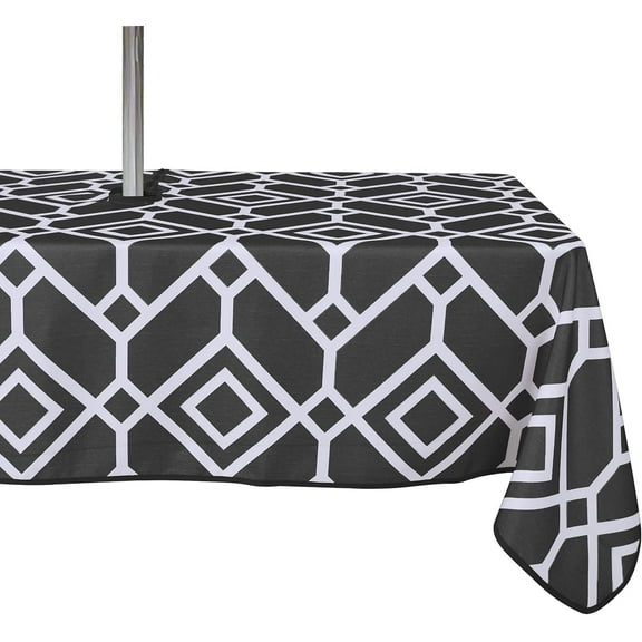 Moroccan Outdoor Tablecloth with Umbrella Hole and Zipper, 60 x 84 Inch Black, Rectangle Waterproof Wrinkle Free Table Cloth Decorative Fabric Washable Table Cover for Patio, Party, Picnic