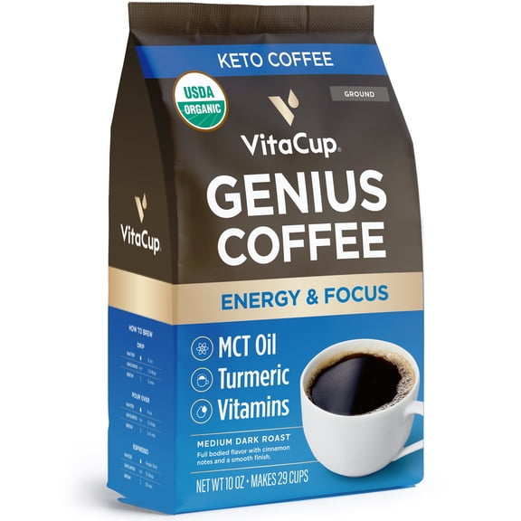 VitaCup Organic Genius Medium Dark Roast Keto Coffee Ground, 10 Ounces