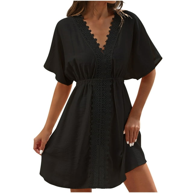 QIPOPIQ Robe Midi à Col en V pour Femme, Cache-Maillot, Manches Courtes, Dentelle, Été, Tenue de Plage, Décontractée, Cache-Maillots, Liquidation