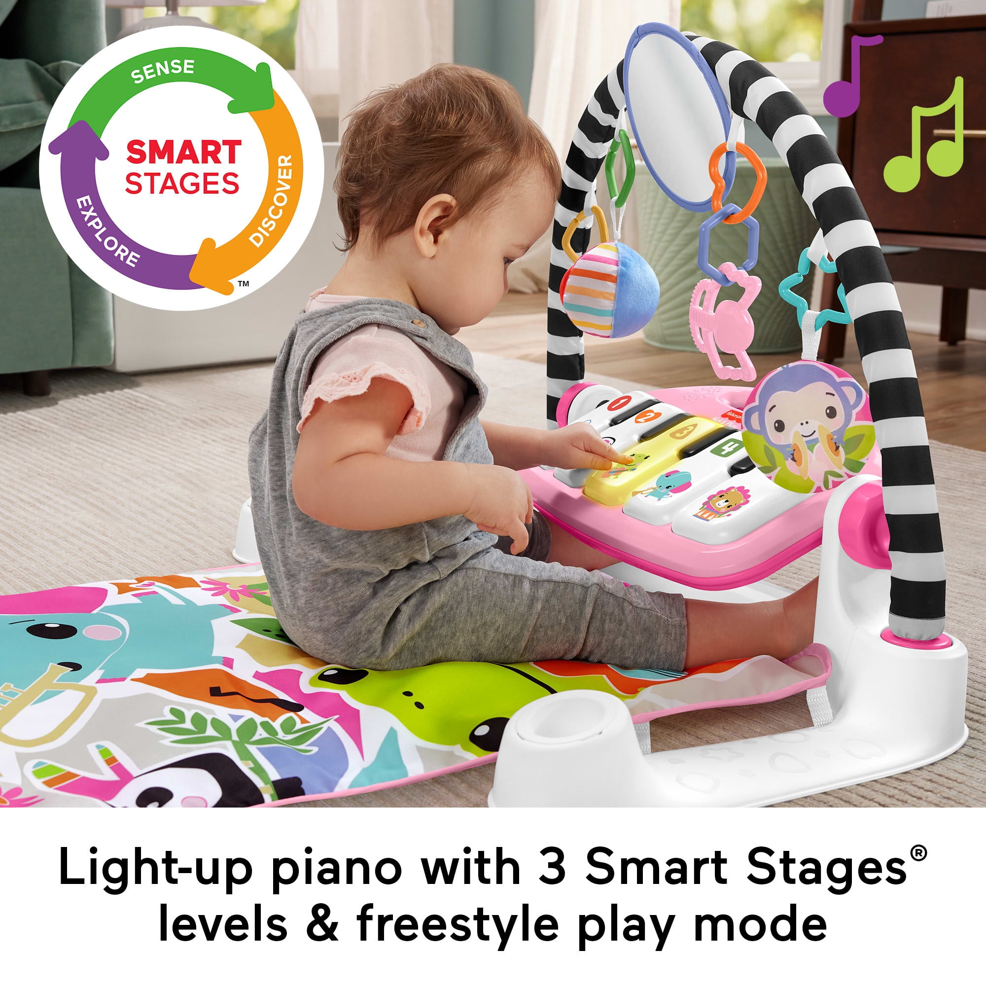 Fisher-Price Glow and Grow Kick & Play Piano Gym Baby Playmat with Musical Learning Toy, Pink