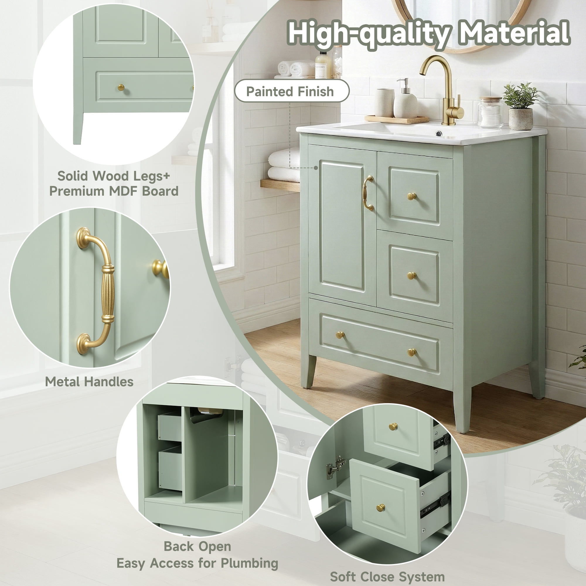 Harper & Bright Designs 24" Retro Bathroom Vanity with Sink, Modern Sink Bathroom Vanity with Soft-closing Door & Drawers, Freestanding Bathroom Storage Cabinet with Ceramic Basin, Light Green