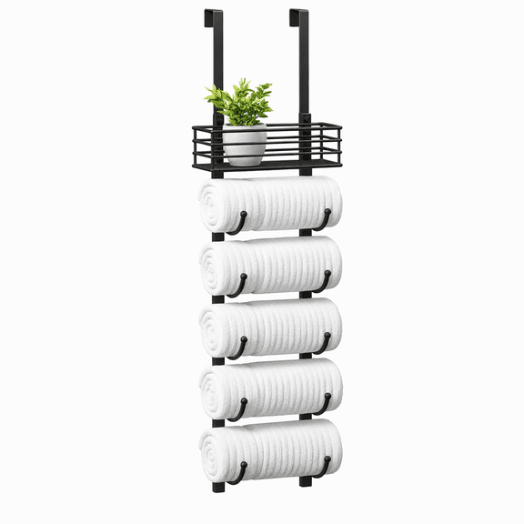 6 Tier Over The Door Towel Rack for Bathroom, Black Hanging Towel Holder for Rolled Towels, Wall Mounted Bathroom Storage Organizer for Small Bathroom RV Camper