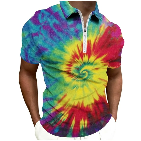 SSAAVKUY Funny Tie Dye Printed Men's Golf Polo T-Shirt Quarter Zipper Short Sleeve Casual Collared Slim Fit Tee Yellow L