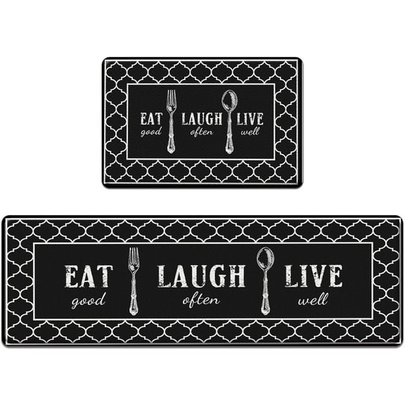 Anti-Fatigue Farmhouse Kitchen Rug Set of 2 Cushioned Black White Funny Eat Kitchen Floor Mat, Standing Mat Waterproof Non-Slip Kitchen Mats and Rugs PVC Ergonomic Comfort Foam Kitchen Decor