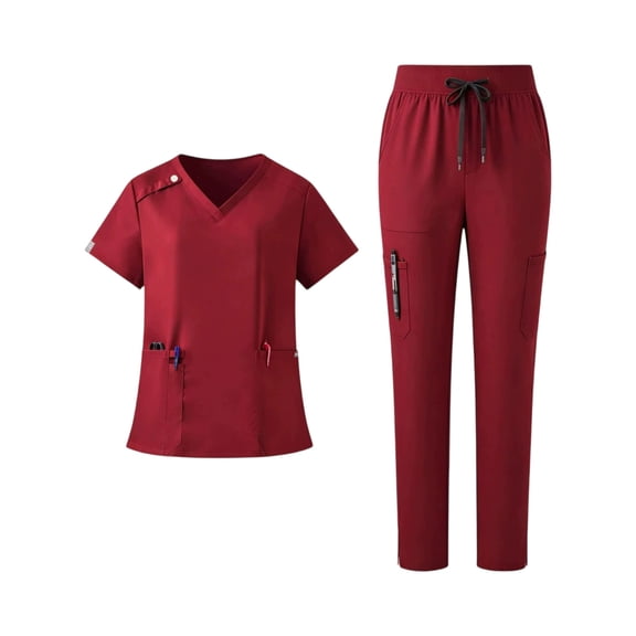 Dresfit Womens Scrub Sets V Neck Short Sleeve Scrub Tops Matching Wide Leg Drawstring Scrub Pants 2 Piece Sets Loose Breathable Workwear XL