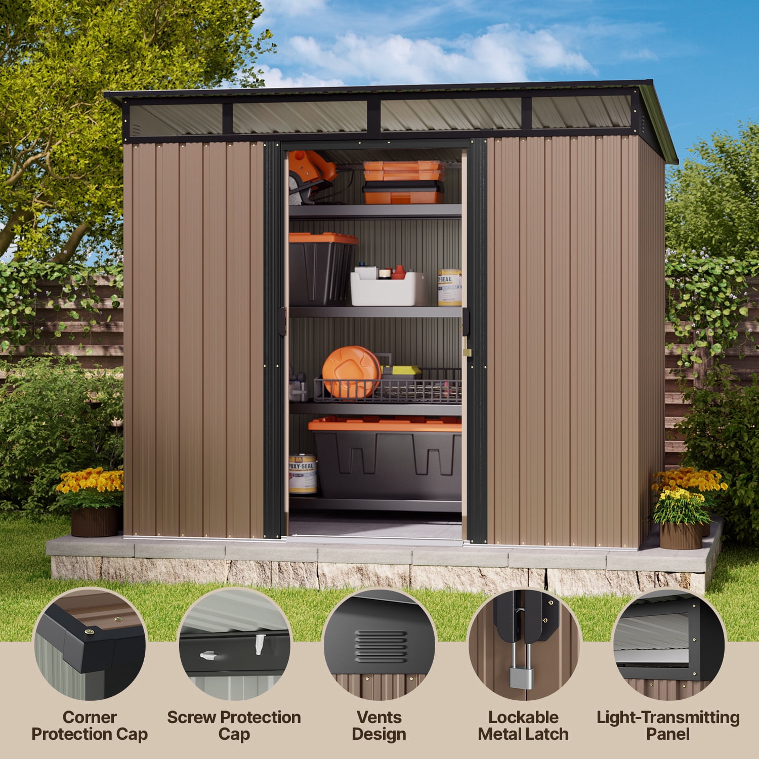 Outdoor Storage Shed, Asofer 8'x6' Metel Shed with Sliding Doors for Patio, Brown
