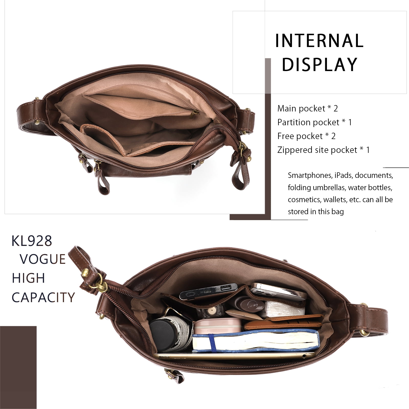 KL928 Messenger Bags for Women Leather Handbag Brown Crossbody Purse Women's Gifts
