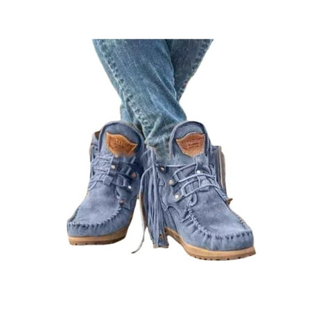 

Gomelly Womens Wedge Heel Booties Faux Suede Ankle Boot Lace Up Tassel Boots Casual Bootie Dress Walking Wedges Blue 4.5