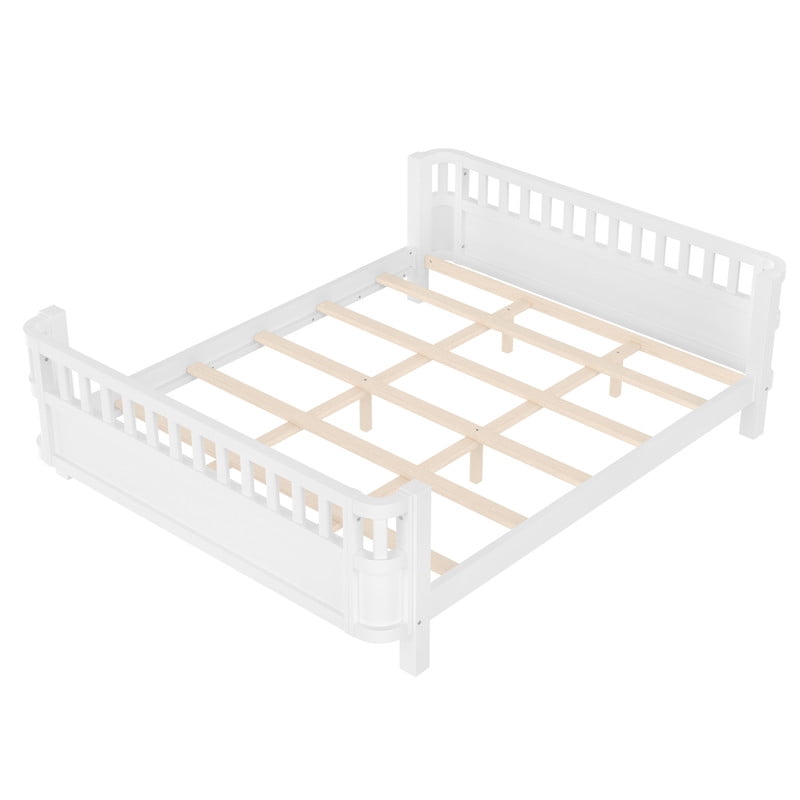Bellemave Queen Size Montessori Bed with Fence, Wooden Low Platform Bed Frame with Detachable Side Bed Rails and Rounded Corner Design, Multiple Usage Methods Bed, No Box Spring Needed（White）