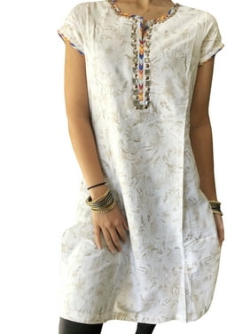 Women Tunic Dress, White Cotton GOLD Floral Printed Beaded Neck Bohochic Kurti Beach Dress SM