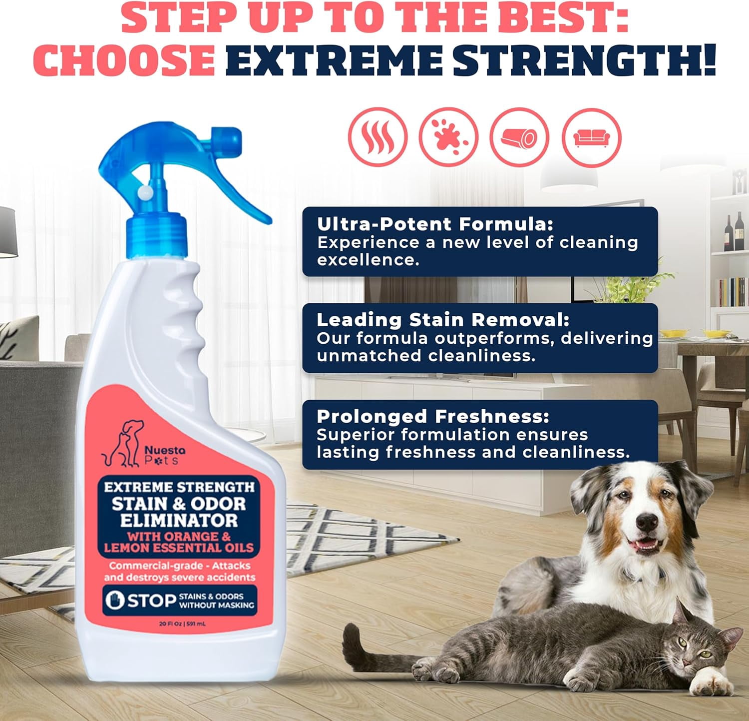 Nuesta Pets Extreme Strength Pet Stain & Odor Eliminator, Orange & Lemon for Deep Clean, No Harsh Chemicals, Perfect For Cats & Dogs, 2 Pack, 20 oz