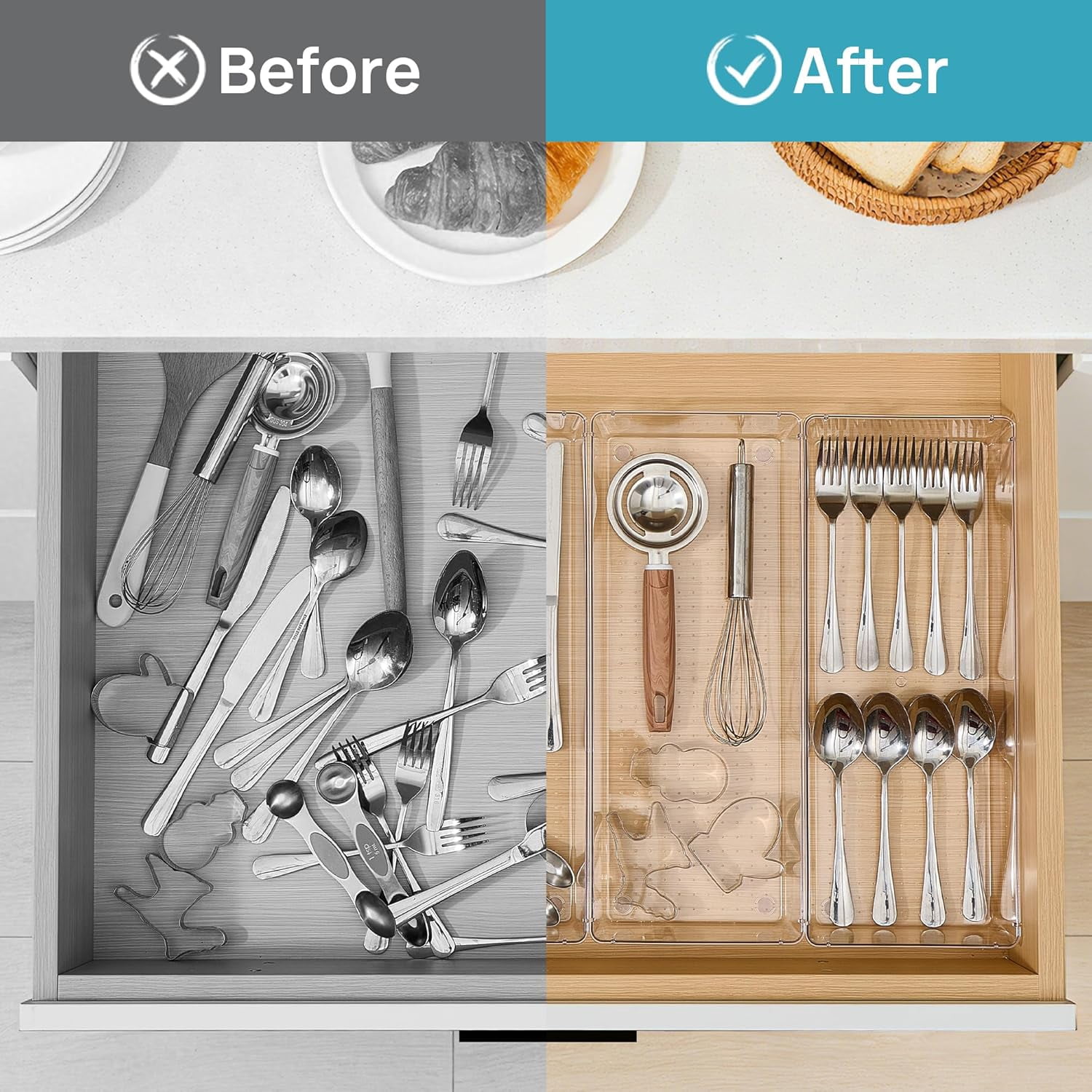 4 Pack 15" X 6" Kitchen Drawer Organizers, Clear Plastic Drawer Organizer Tray, Storage Bins for Flatware, Silverware, Utensil, Cutlery