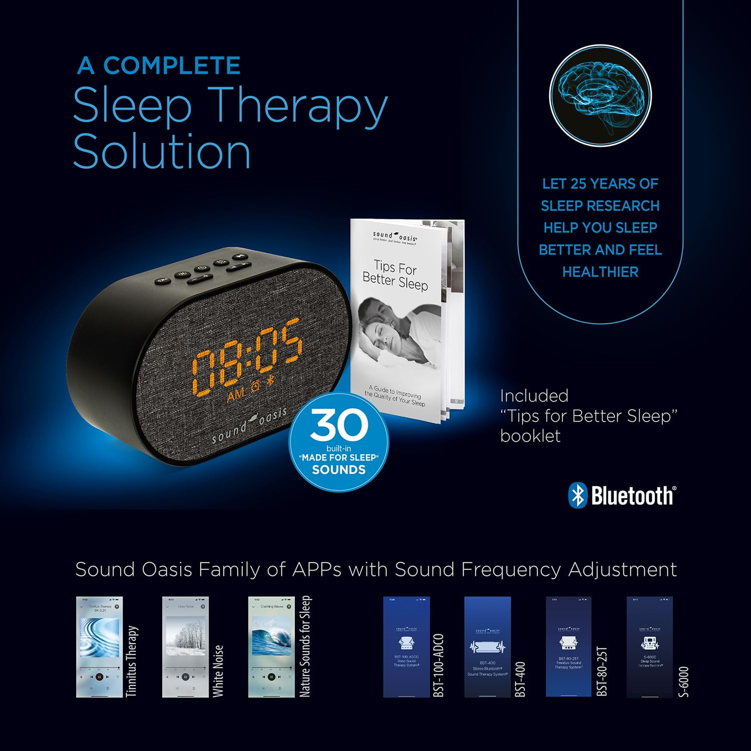 Sound Oasis® Bluetooth® Sleep Sound Therapy System® Alarm Clock - Sleep Better, Manage and Mask Tinnitus, 30 Built-in Sounds, Sleep-Friendly Lighting, Travel Friendly (BST-150)