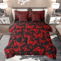 Homewish Teens Romantic Animal Bedding Comforter Set 7pcs, Mystic Red Butterfly Moth King Bedding Sets, Fashion Princess Style Reversible Bed Sheets, Microfiber Bedroom Decor