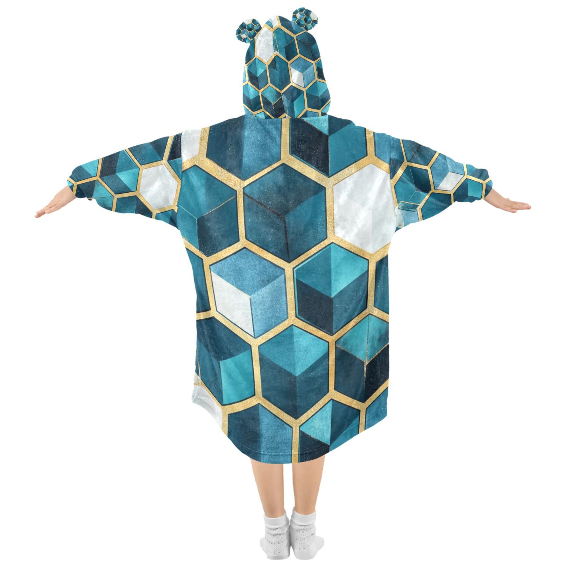 FORMRS Wearable Blanket Hoodie with Sleeves for Kids Cozy Flannel Sweatshirt, Light Blue Geometric Pattern
