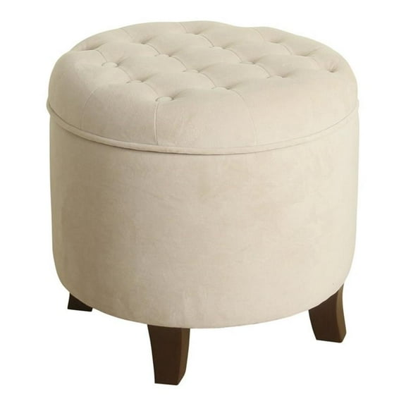 Pemberly Row Round Transitional Wood and Velvet Storage Ottoman in Cream