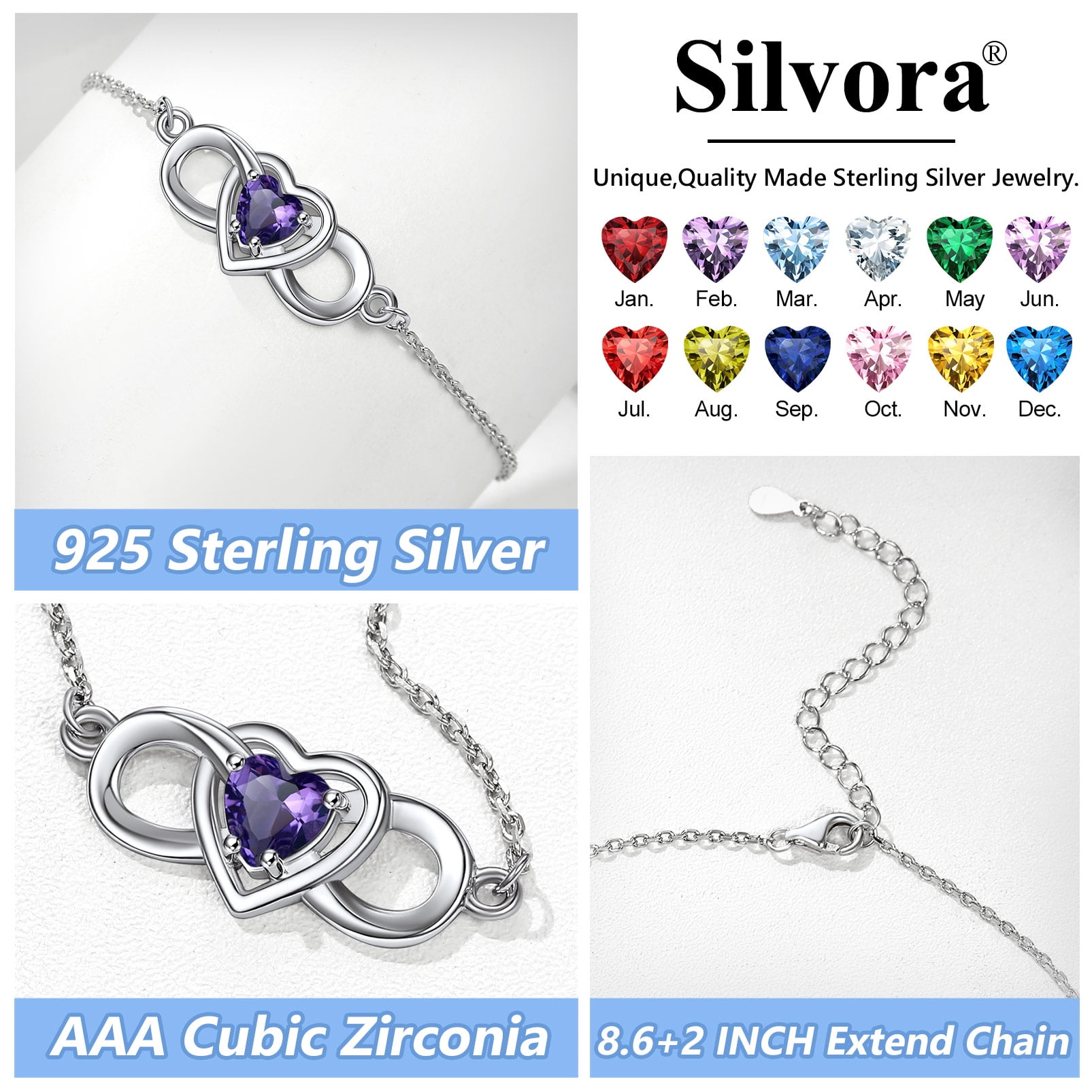 Silvora Sterling Silver Ankle Bracelet Women June Heart Birthstone Infinity Anklets Summer Beach Jewelry Gift for Wife Mother Daughter