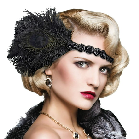 StarDY 1920s Flapper Headbands Great Gatsby Rhinestone Headpiece with Peacock Feather Jewel Hair Accessories (Black)