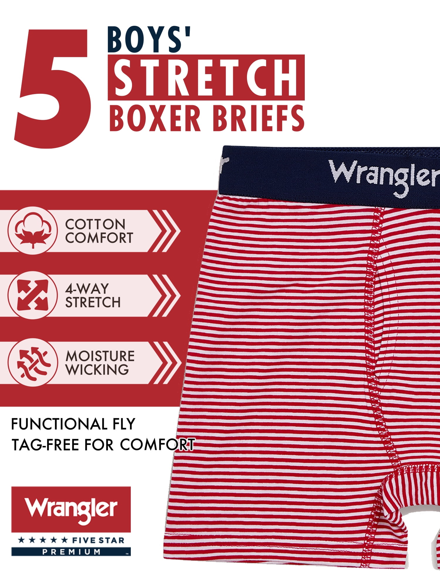 Wrangler Boys' Cotton Boxer Briefs, Soft Boys Underwear w/ 4-Way Stretch, Medium, 5-Pack