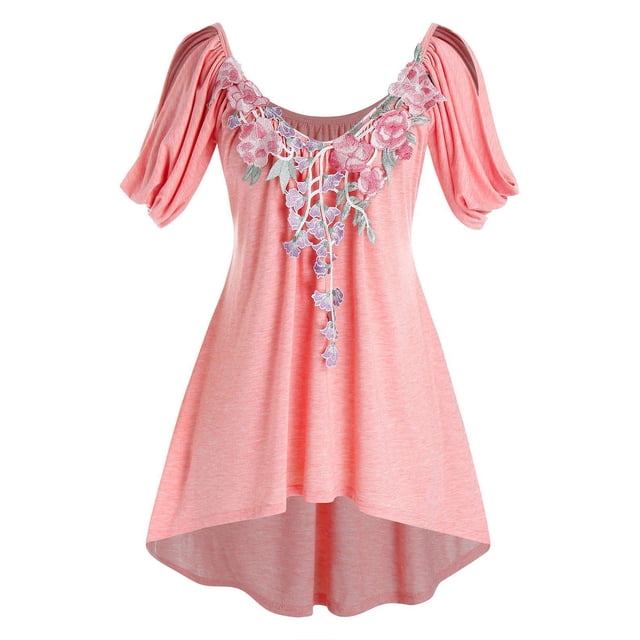 Más el tamaño de la capucha de la manga Alto Bajo floral apliques camiseta Rosegal Camisetas tallas grandes