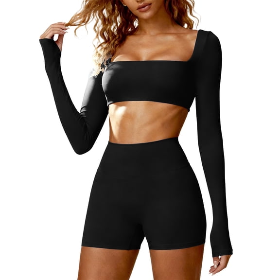 Workout Sets for Women 2 Piece Square Neck Long Sleeve Crop Tops High Waist Biker Shorts Gym Sets