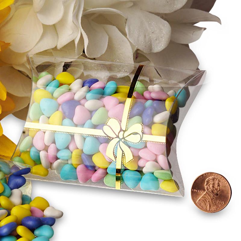 Clear Pillow Boxes with Printed Gold Bow Quantity 20 Width 1" by